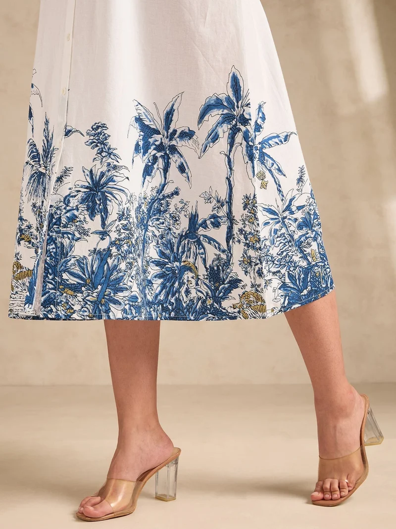 Outzidr  Off White Midi Printed Shirt Dress for Women | Best Price UAE